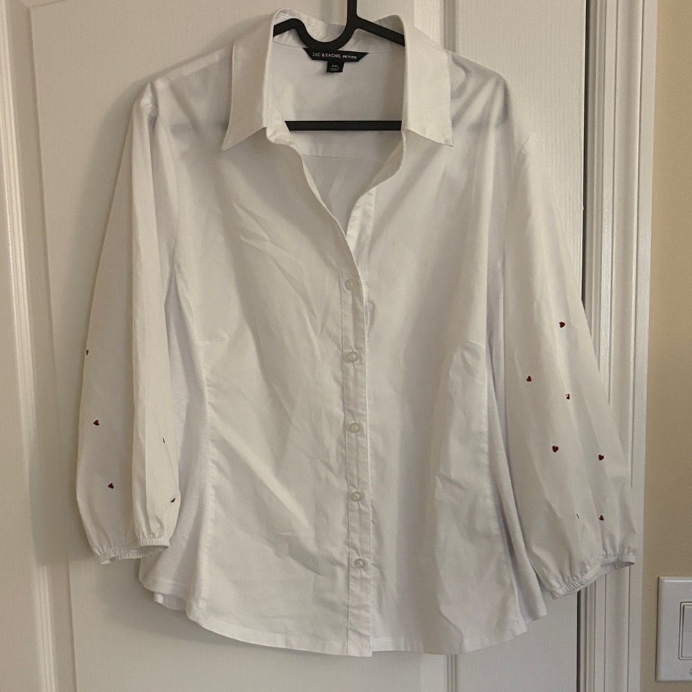 Zac & Rachel White Button-Down Shirt with Heart Accents and Balloon Sleeves